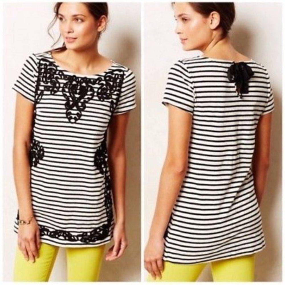 Anthropologie Postmark Striped Soutache Embroidered Tunic Top Black White XS